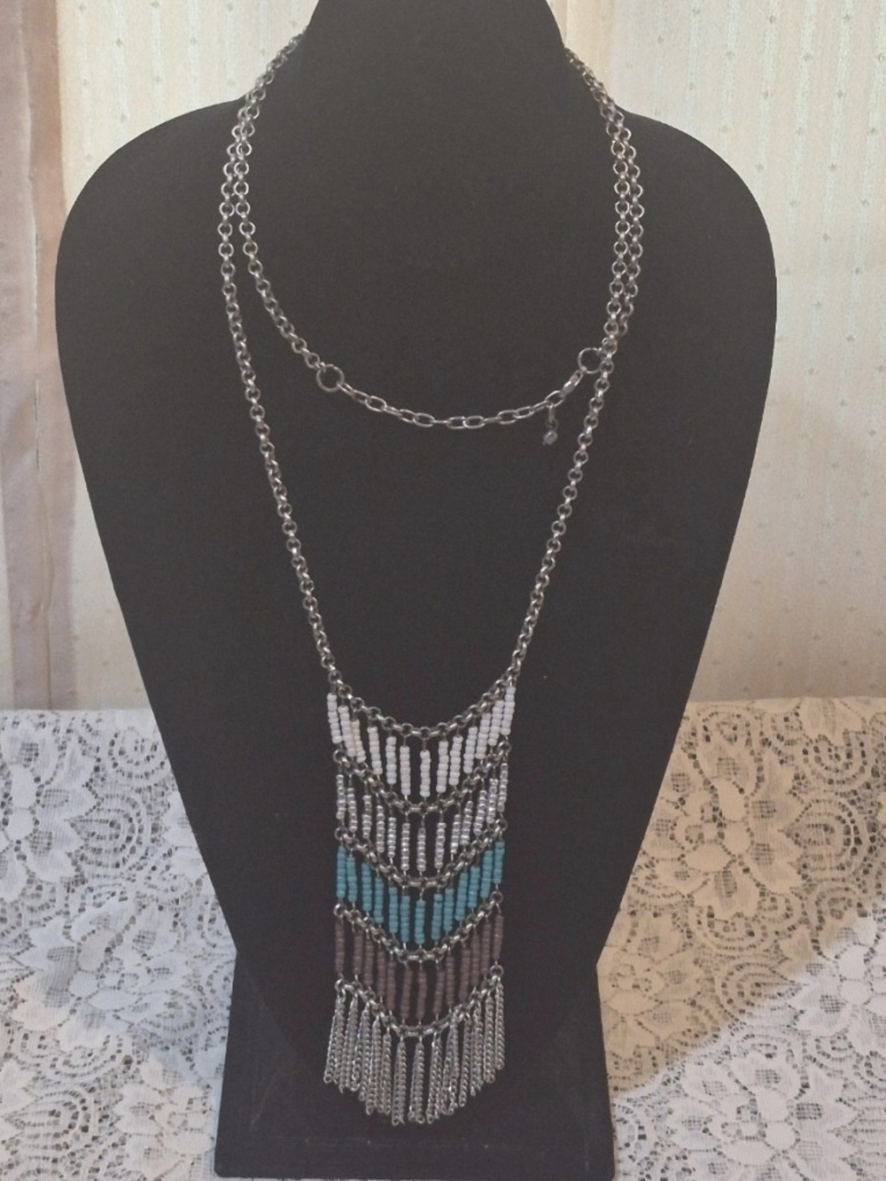 Vintage Southwestern Chevron Seed Bead Fringe Bib Necklace